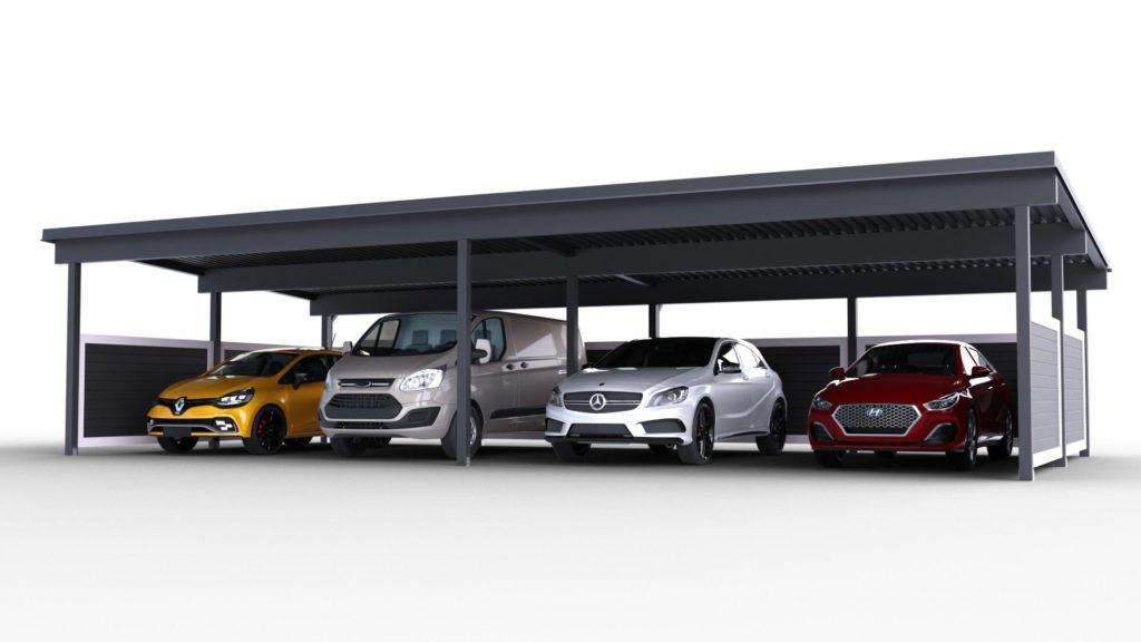 Neljän auton autokatos taloyhtiön pysäköintialueella, jossa autot ovat suojassa yhtenäisen katoksen alla.
