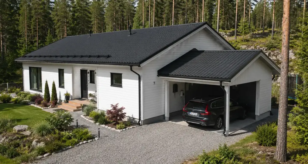 Yhden auton autokatos valkoisen omakotitalon yhteydessä kuusimetsän ympäröimällä tontilla.