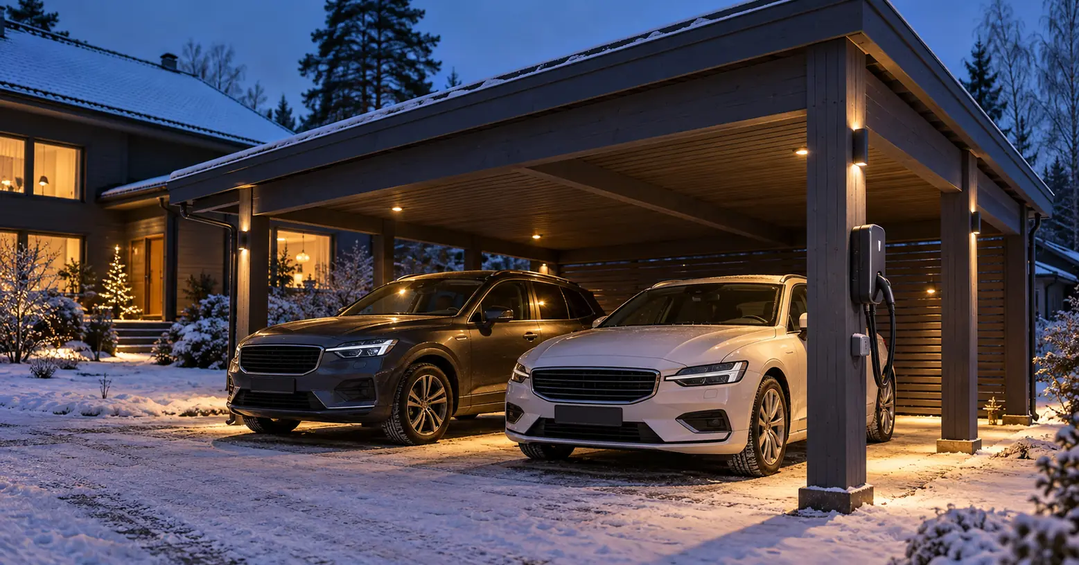 Valaistu puurunkoinen autokatos ja sähköauton latausasema talvi-illalla